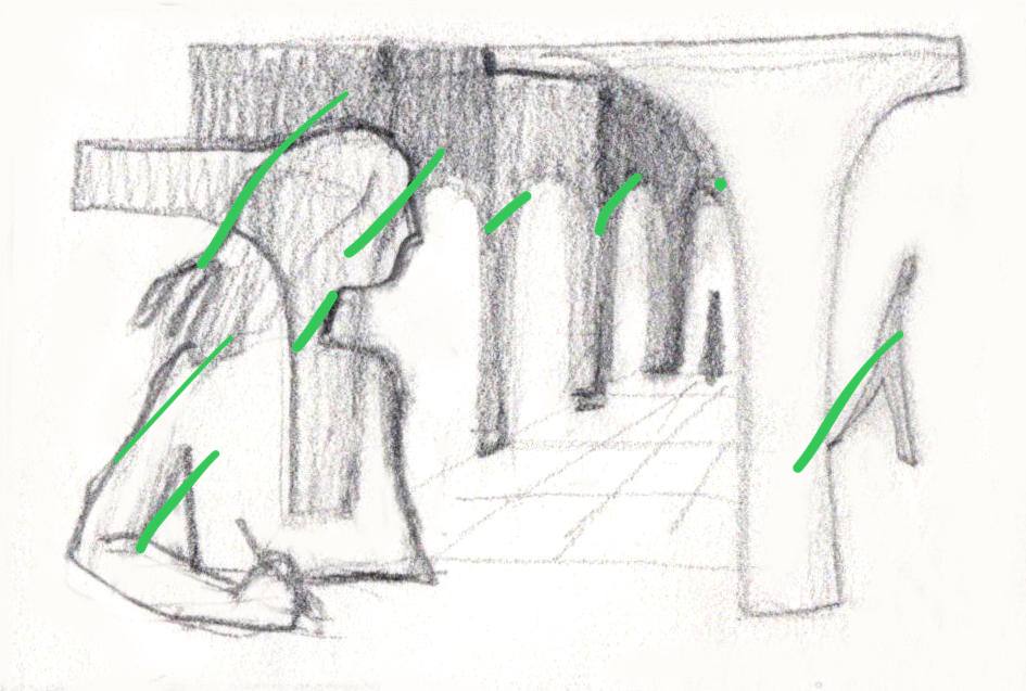The original pencil sketch with the Art Lab team’s green marks across the figure and arches