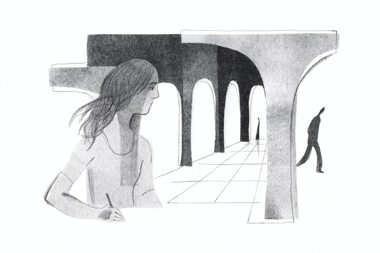 The first print of the arches composition, with a visible eye on the foreground figure