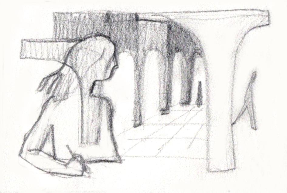A pencil sketch of a woman looking back towards receding arches
