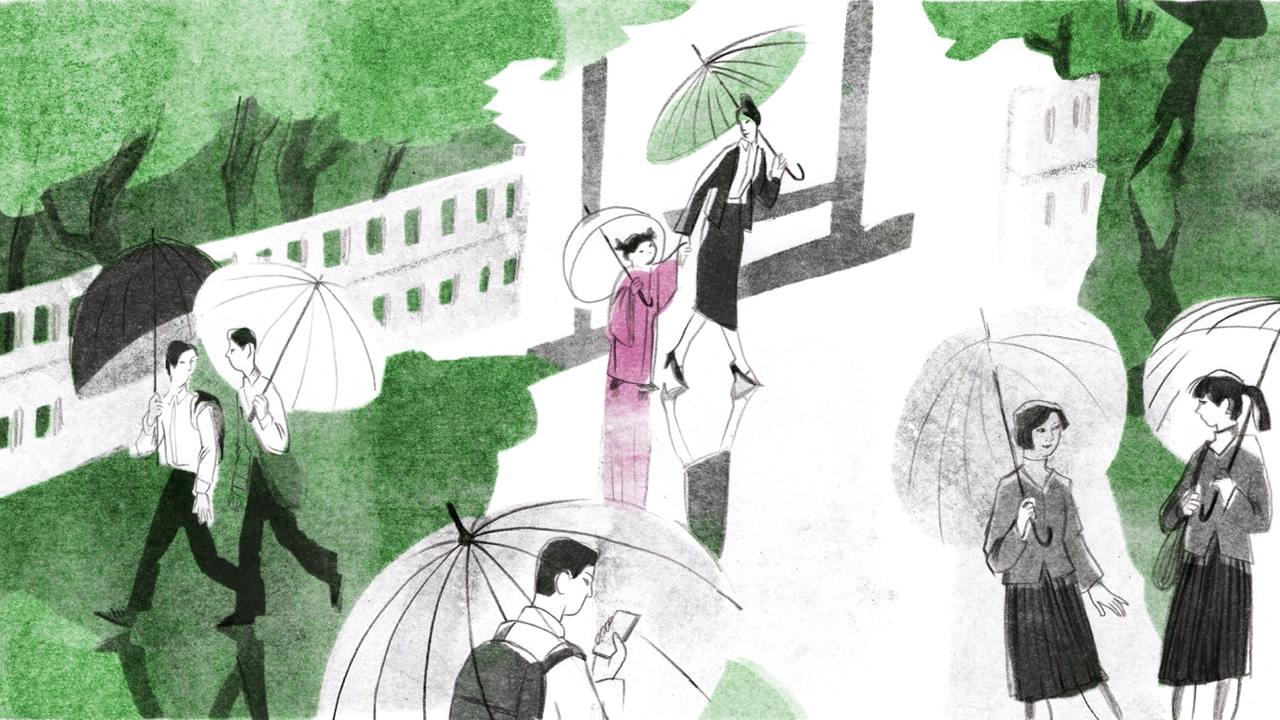 A developed illustration with umbrella-carrying figures, green trees and pink details