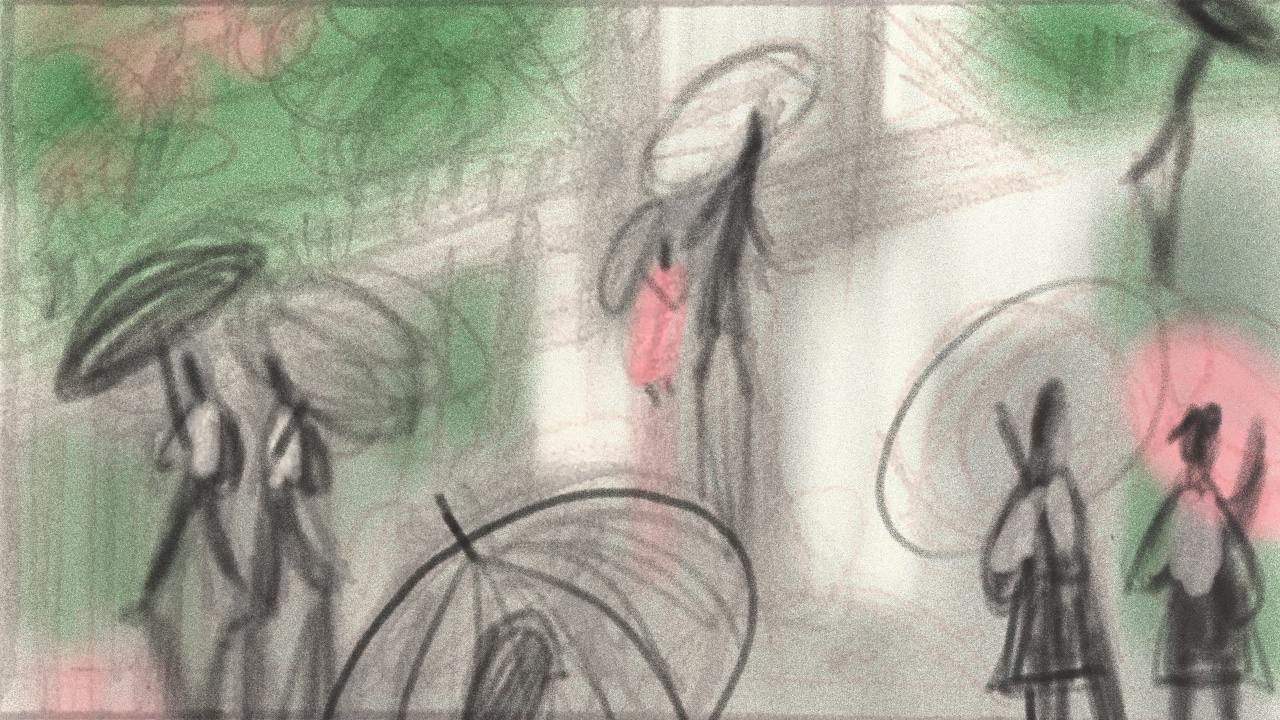 An early illustration sketch with figures under umbrellas and loosely drawn architecture