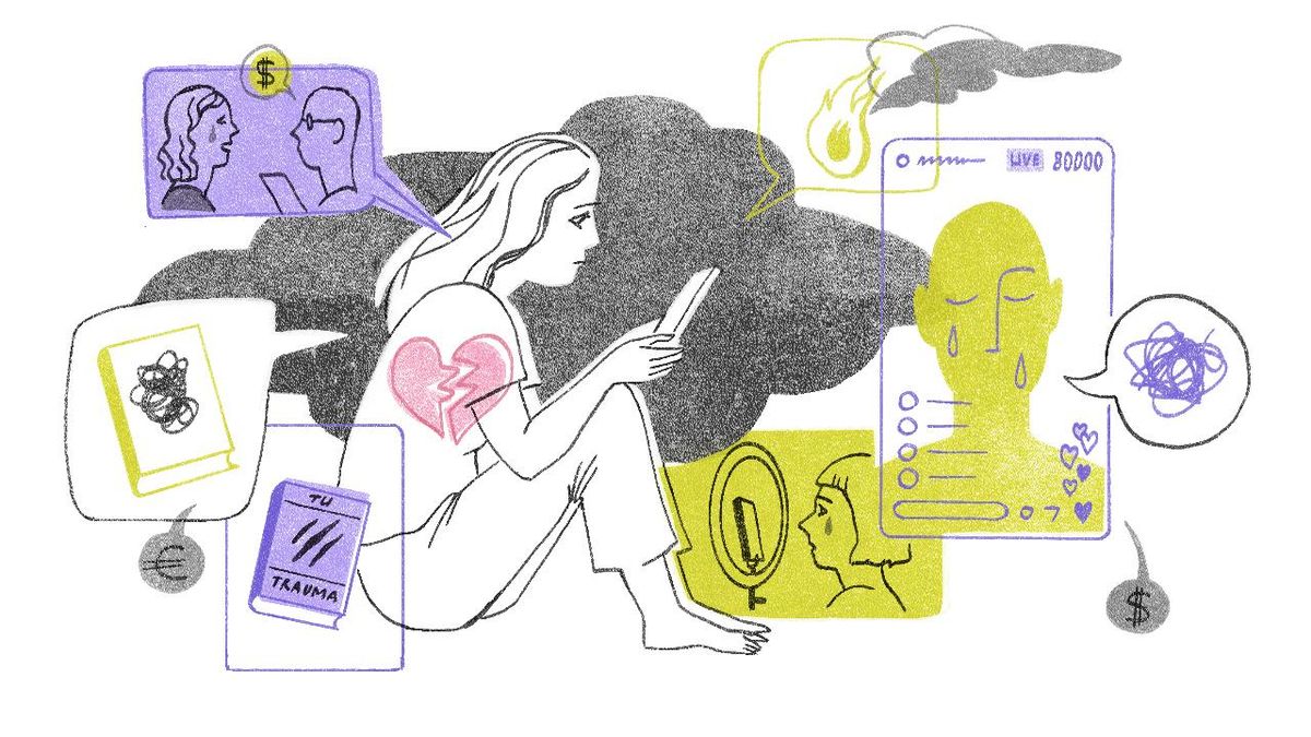 A woman looking at her phone, surrounded by screens, a broken heart and symbols of money, illustrated by Anastasia Mordasheva for elDiario.es