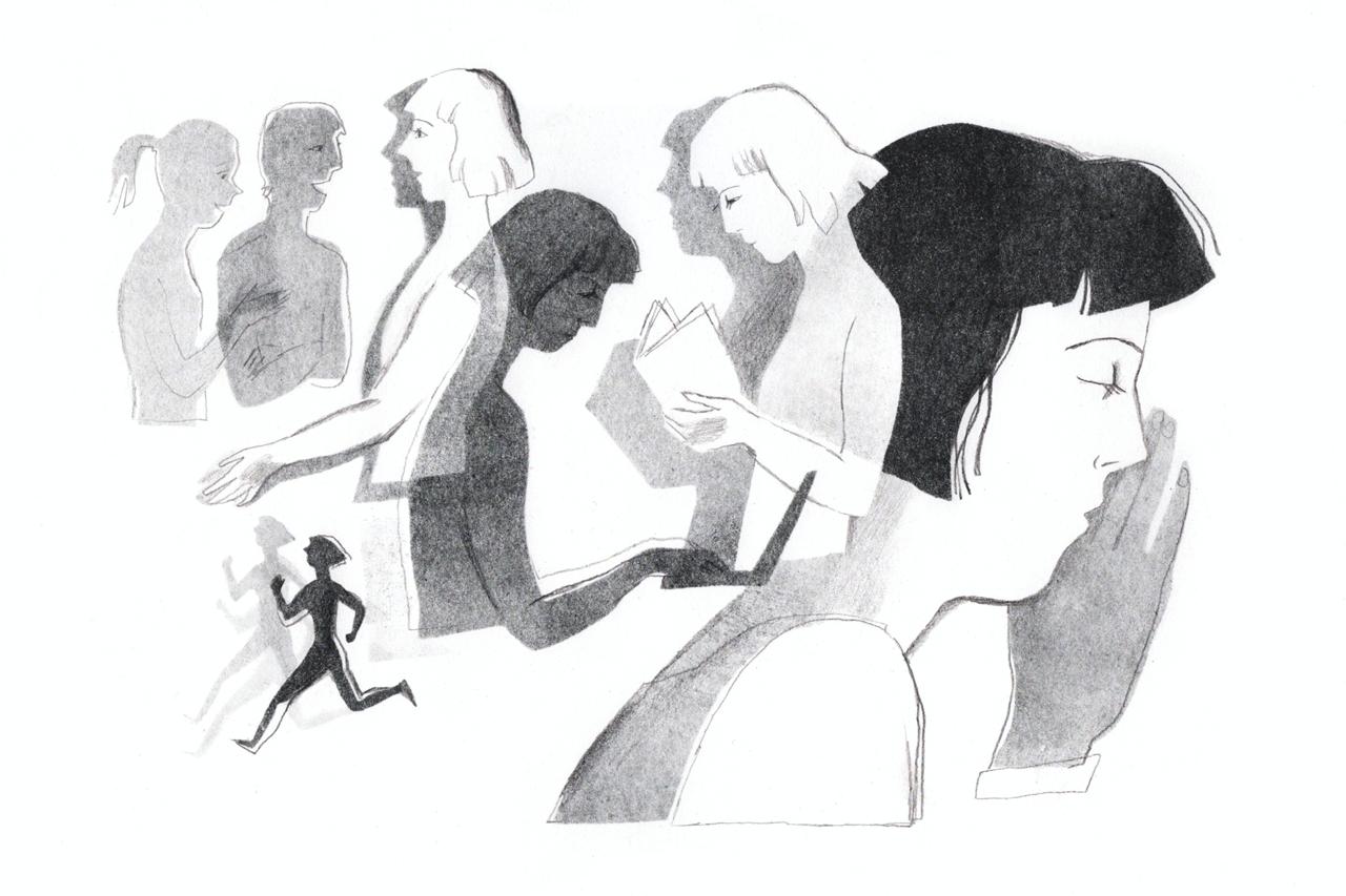 The first print version, showing a sleeping woman and layered figures in black and grey