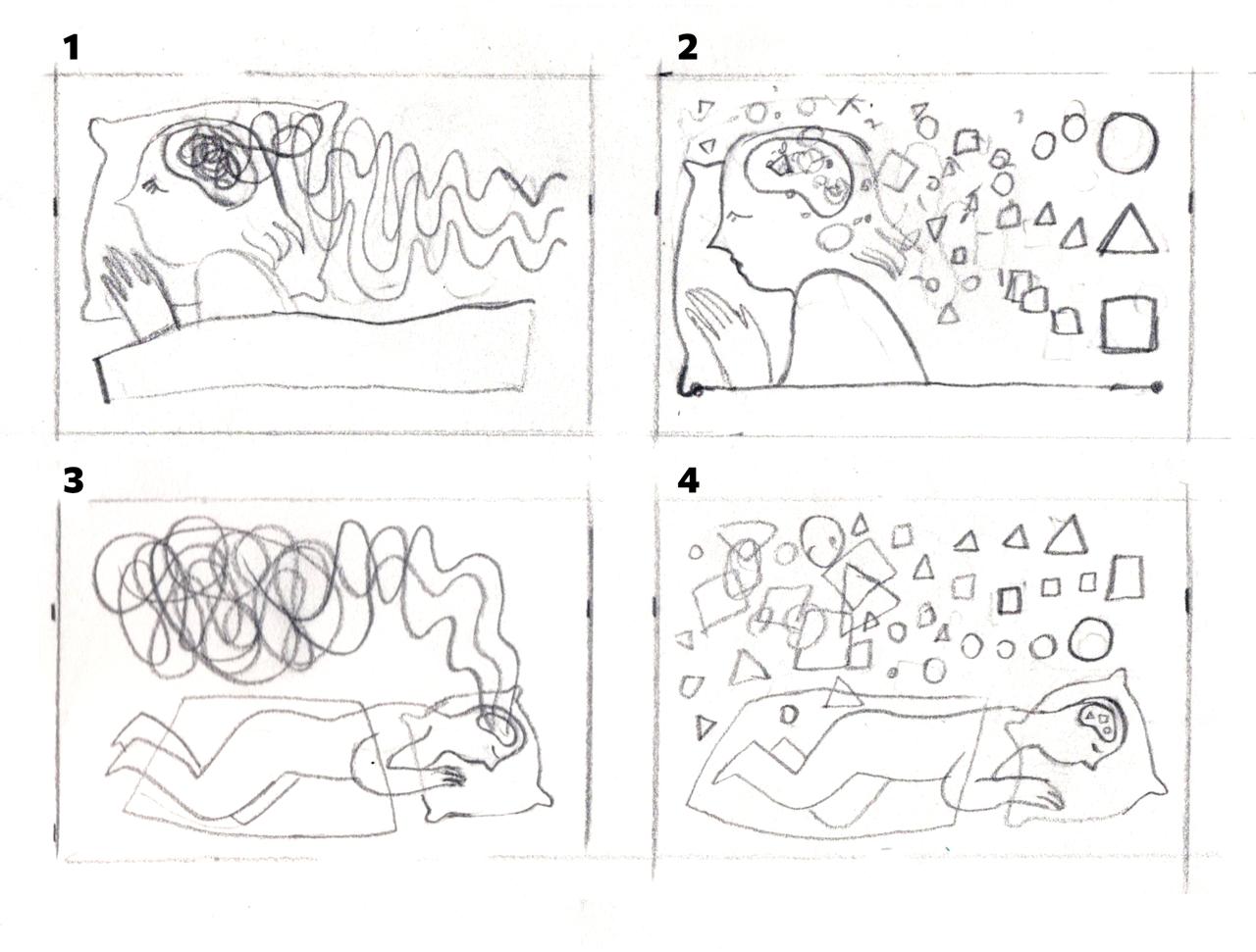 A sheet of four pencil thumbnail sketches with reclining figures and smaller geometric forms