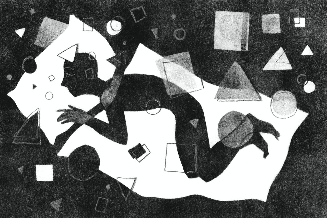 A sleeping figure surrounded by floating geometric forms, with a white bed against a dark printed background