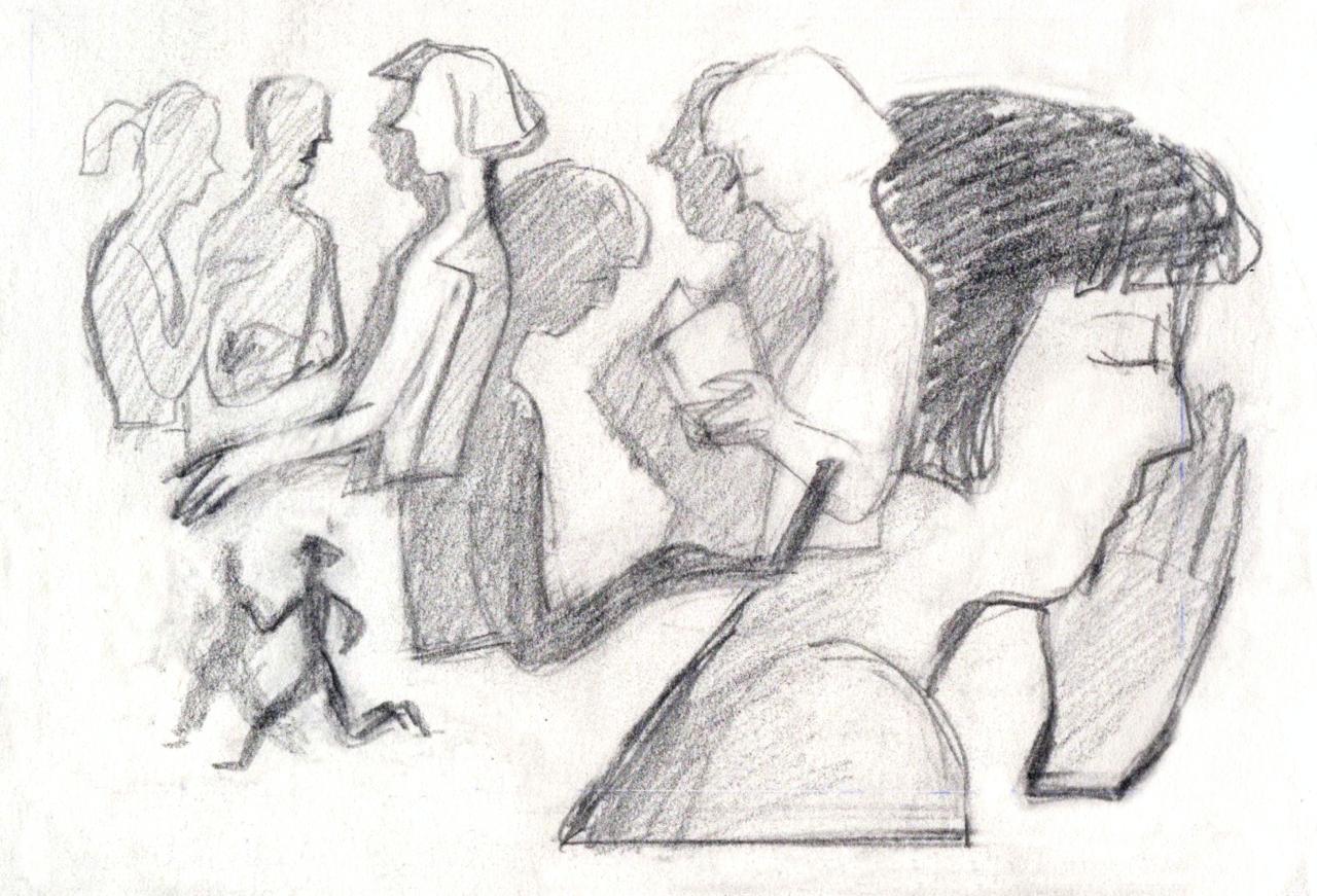 A pencil composition of a sleeping woman with overlapping figures receding behind her