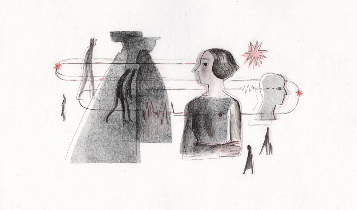 Anastasia Mordasheva’s illustration of overlapping figures connected by fine red lines