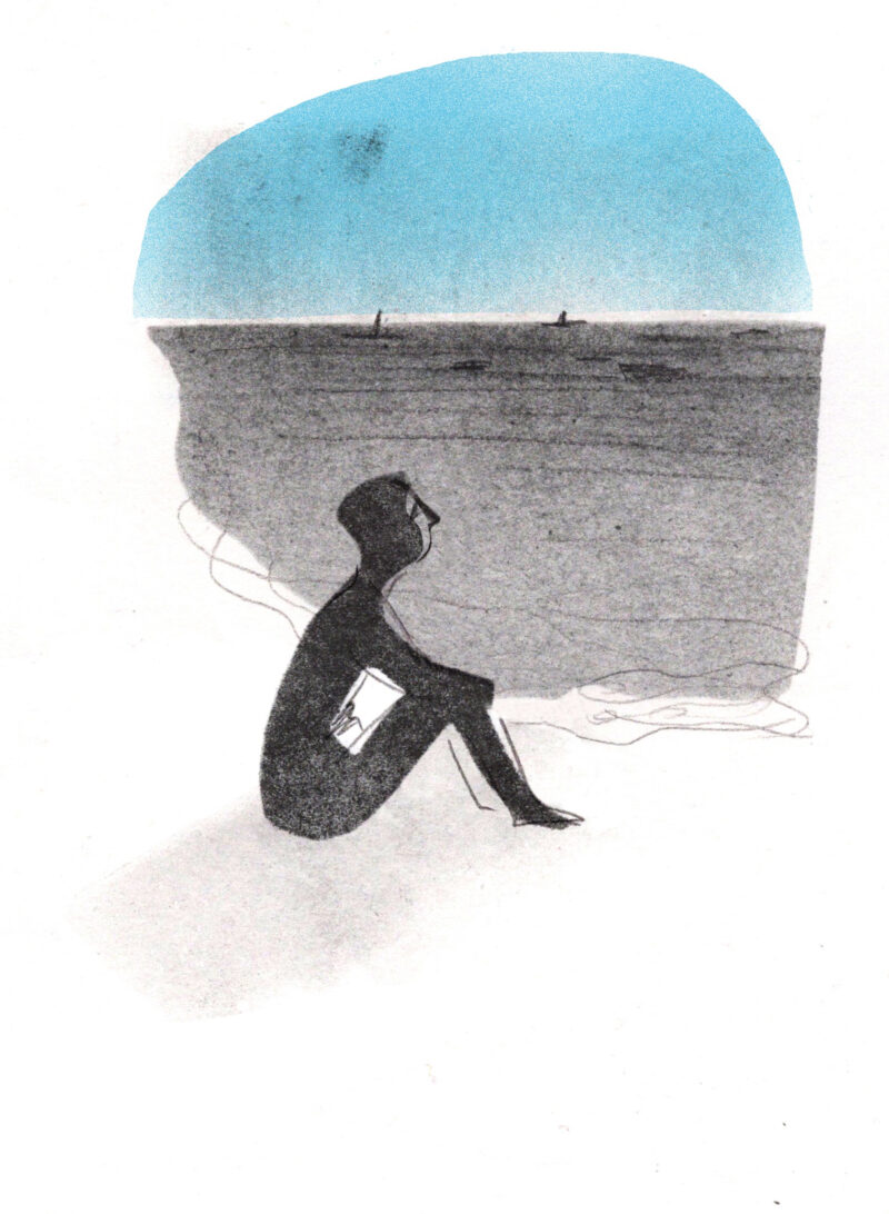 A seated figure looking towards the sea, with a blue sky and expressive black texture