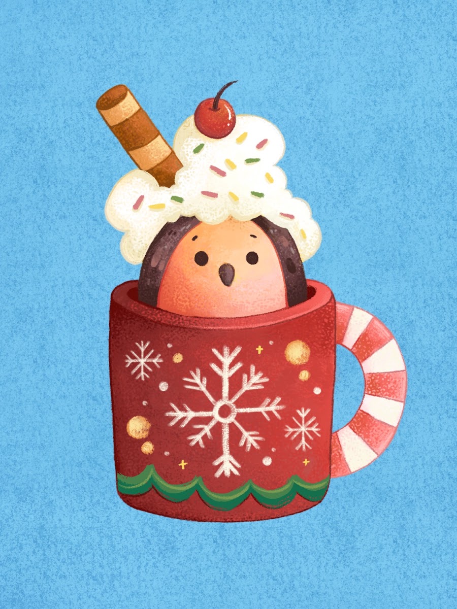 Fidelia Lovely’s colourful character illustration of a bird in a mug