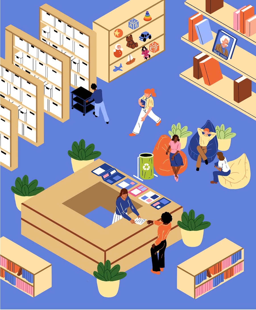 Liza Rylskaya’s illustration of a busy library, with readers and bookshelves